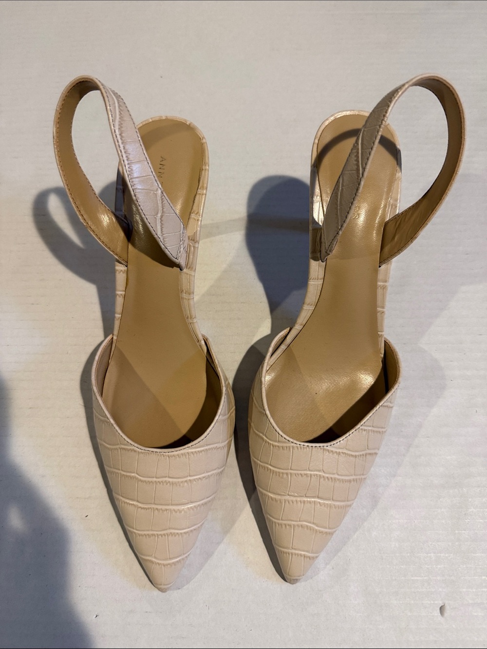 Ann Taylor Cream Croc-Embossed Pointed Slingback Heels